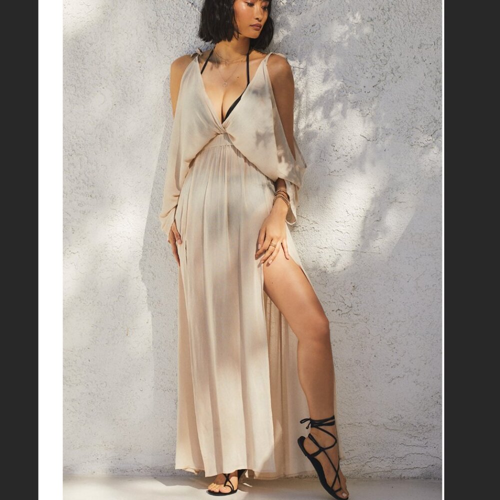 LULUS CALIFORNIA COASTLINE BEIGE MAXI SWIM COVER-UP